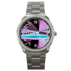 Blue And Pink Swirls And Circles Fractal Sport Metal Watch by Simbadda