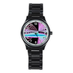 Blue And Pink Swirls And Circles Fractal Stainless Steel Round Watch by Simbadda