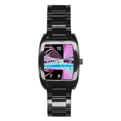 Blue And Pink Swirls And Circles Fractal Stainless Steel Barrel Watch by Simbadda