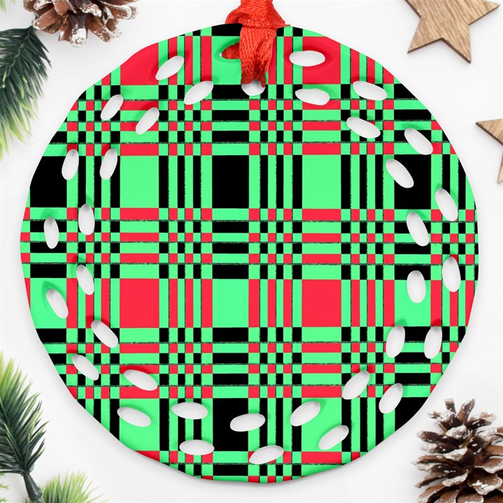 Bright Christmas Abstract Background Christmas Colors Of Red Green And Black Make Up This Abstract Ornament (Round Filigree)