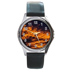 Abstract Orange Black Sunset Clouds Round Metal Watch by Simbadda