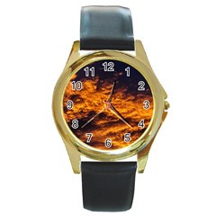 Abstract Orange Black Sunset Clouds Round Gold Metal Watch by Simbadda