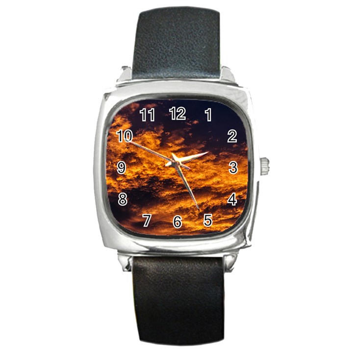 Abstract Orange Black Sunset Clouds Square Metal Watch