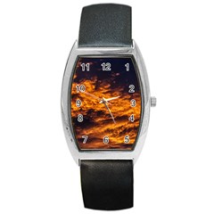 Abstract Orange Black Sunset Clouds Barrel Style Metal Watch by Simbadda