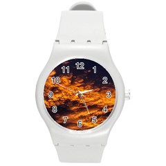 Abstract Orange Black Sunset Clouds Round Plastic Sport Watch (m) by Simbadda