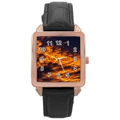 Abstract Orange Black Sunset Clouds Rose Gold Leather Watch  by Simbadda