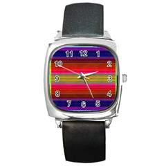 Fiesta Stripe Bright Colorful Neon Stripes Cinco De Mayo Background Square Metal Watch by Simbadda