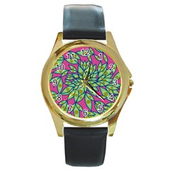 Big Growth Abstract Floral Texture Round Gold Metal Watch by Simbadda