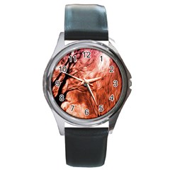 Fire In The Forest Artistic Reproduction Of A Forest Photo Round Metal Watch by Simbadda