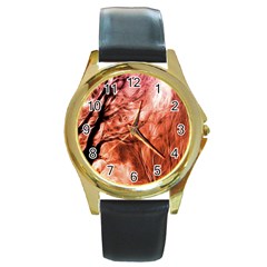 Fire In The Forest Artistic Reproduction Of A Forest Photo Round Gold Metal Watch by Simbadda