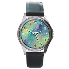 Colorful Patterned Glass Texture Background Round Metal Watch by Simbadda