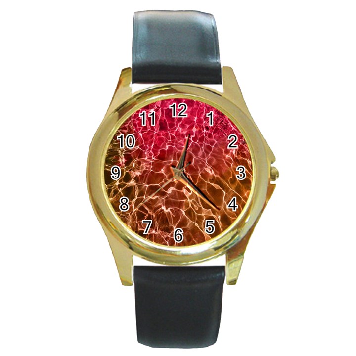 Background Water Abstract Red Wallpaper Round Gold Metal Watch