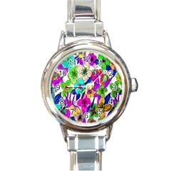 Floral Colorful Background Of Hand Drawn Flowers Round Italian Charm Watch by Simbadda