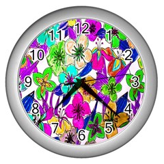 Floral Colorful Background Of Hand Drawn Flowers Wall Clocks (silver)  by Simbadda