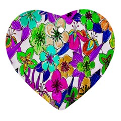 Floral Colorful Background Of Hand Drawn Flowers Heart Ornament (two Sides) by Simbadda