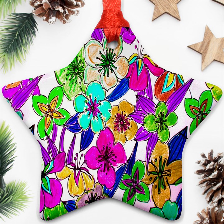 Floral Colorful Background Of Hand Drawn Flowers Star Ornament (Two Sides)