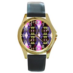 Geometric Abstract Background Art Round Gold Metal Watch