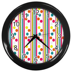 Stripes And Polka Dots Colorful Pattern Wallpaper Background Wall Clocks (black) by Nexatart