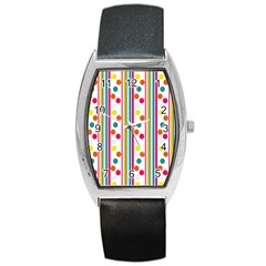 Stripes And Polka Dots Colorful Pattern Wallpaper Background Barrel Style Metal Watch by Nexatart