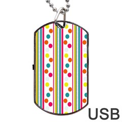 Stripes And Polka Dots Colorful Pattern Wallpaper Background Dog Tag Usb Flash (one Side) by Nexatart