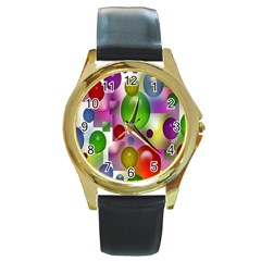 Colored Bubbles Squares Background Round Gold Metal Watch by Nexatart