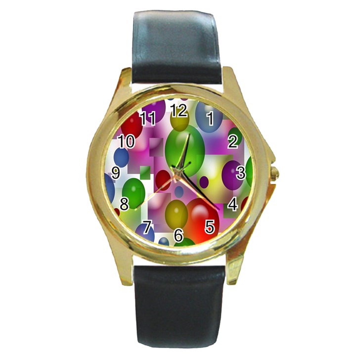 Colored Bubbles Squares Background Round Gold Metal Watch