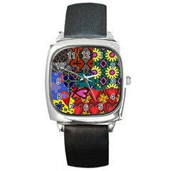 Digitally Created Abstract Patchwork Collage Pattern Square Metal Watch by Nexatart