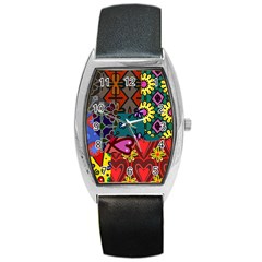 Digitally Created Abstract Patchwork Collage Pattern Barrel Style Metal Watch by Nexatart