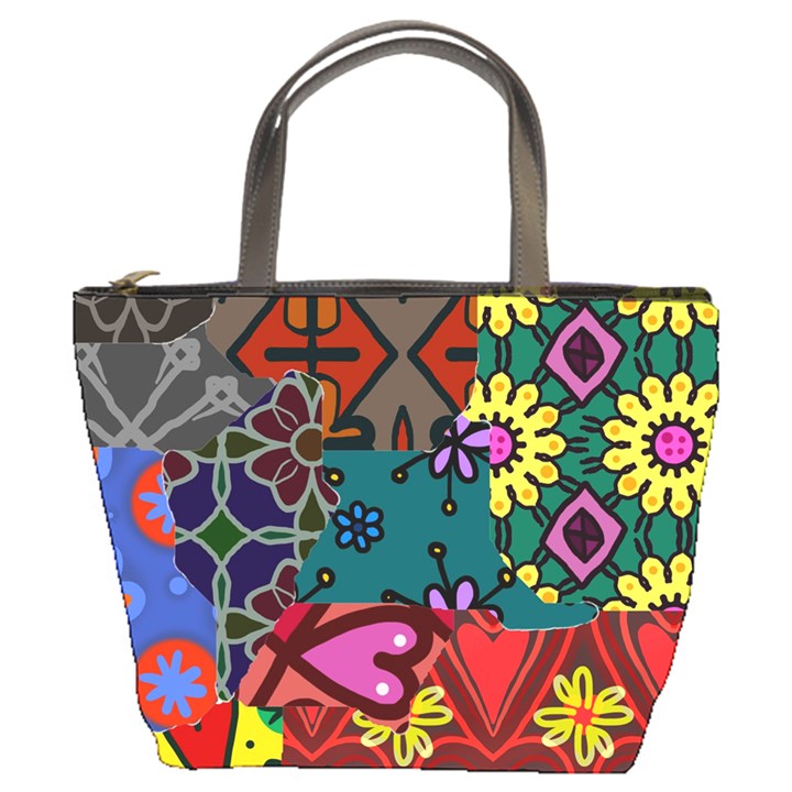 Digitally Created Abstract Patchwork Collage Pattern Bucket Bags