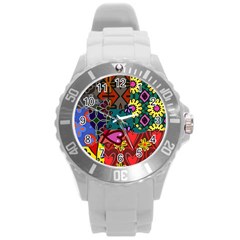 Digitally Created Abstract Patchwork Collage Pattern Round Plastic Sport Watch (l) by Nexatart