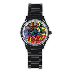 Digitally Created Abstract Patchwork Collage Pattern Stainless Steel Round Watch by Nexatart