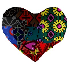 Digitally Created Abstract Patchwork Collage Pattern Large 19  Premium Flano Heart Shape Cushions by Nexatart