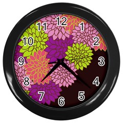 Floral Card Template Bright Colorful Dahlia Flowers Pattern Background Wall Clocks (black) by Nexatart