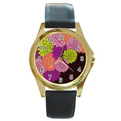 Floral Card Template Bright Colorful Dahlia Flowers Pattern Background Round Gold Metal Watch by Nexatart