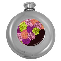 Floral Card Template Bright Colorful Dahlia Flowers Pattern Background Round Hip Flask (5 Oz) by Nexatart