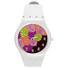 Floral Card Template Bright Colorful Dahlia Flowers Pattern Background Round Plastic Sport Watch (m) by Nexatart