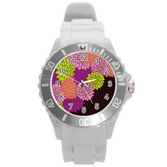 Floral Card Template Bright Colorful Dahlia Flowers Pattern Background Round Plastic Sport Watch (l) by Nexatart