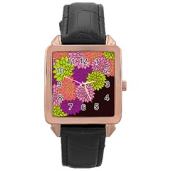 Floral Card Template Bright Colorful Dahlia Flowers Pattern Background Rose Gold Leather Watch  by Nexatart