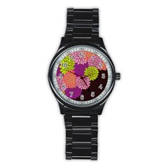 Floral Card Template Bright Colorful Dahlia Flowers Pattern Background Stainless Steel Round Watch by Nexatart