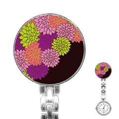 Floral Card Template Bright Colorful Dahlia Flowers Pattern Background Stainless Steel Nurses Watch by Nexatart