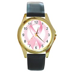 Breast Cancer Ribbon Pink Girl Women Round Gold Metal Watch by Mariart