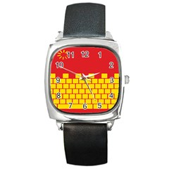 Firewall Bridge Signal Yellow Red Square Metal Watch by Mariart