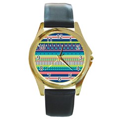 Aztec Triangle Chevron Wave Plaid Circle Color Rainbow Round Gold Metal Watch