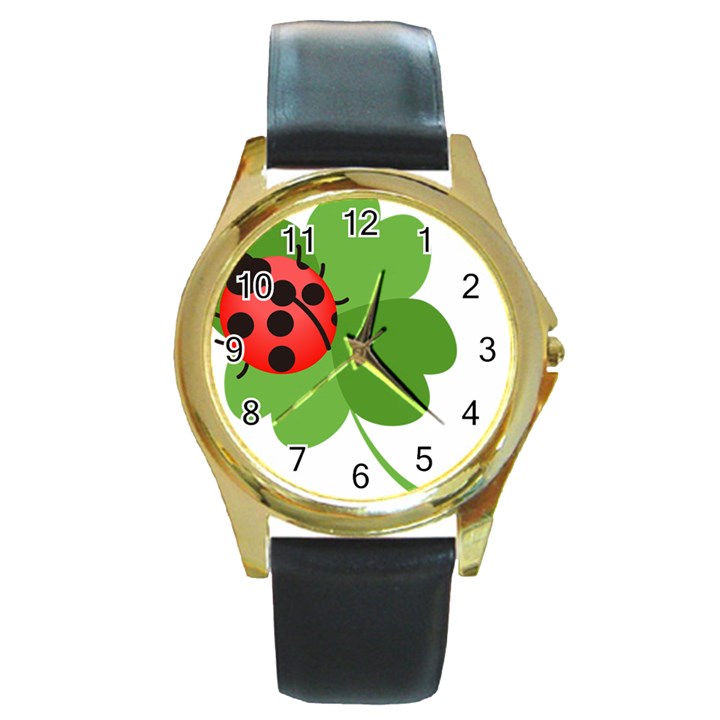 Insect Flower Floral Animals Green Red Round Gold Metal Watch