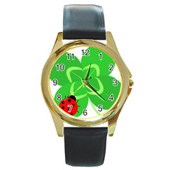 Insect Flower Floral Animals Green Red Line Round Gold Metal Watch by Mariart