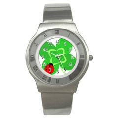 Insect Flower Floral Animals Green Red Line Stainless Steel Watch by Mariart