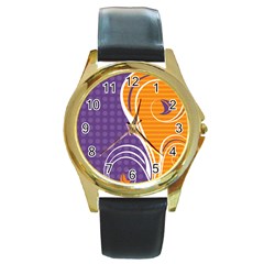 Leaf Polka Dot Purple Orange Round Gold Metal Watch by Mariart