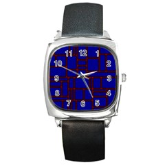 Line Plaid Red Blue Square Metal Watch by Mariart