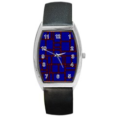 Line Plaid Red Blue Barrel Style Metal Watch