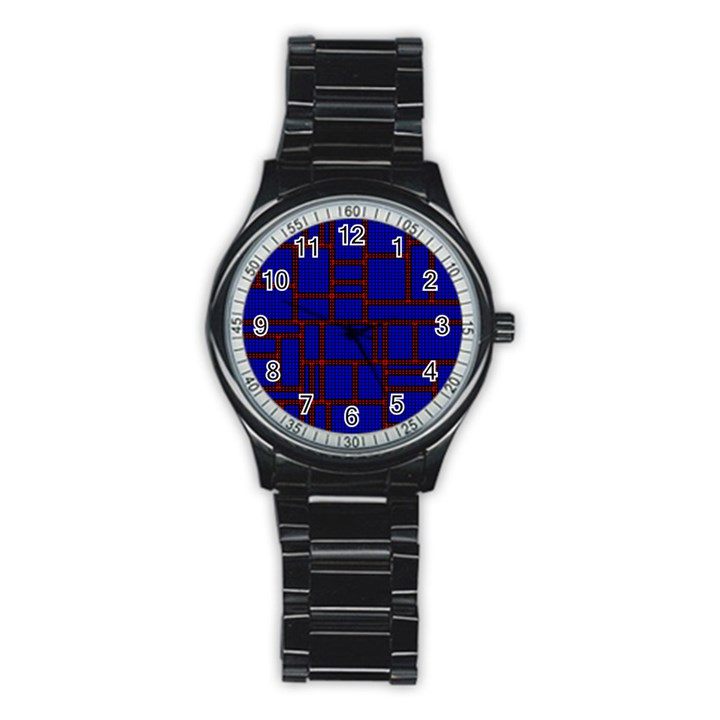 Line Plaid Red Blue Stainless Steel Round Watch